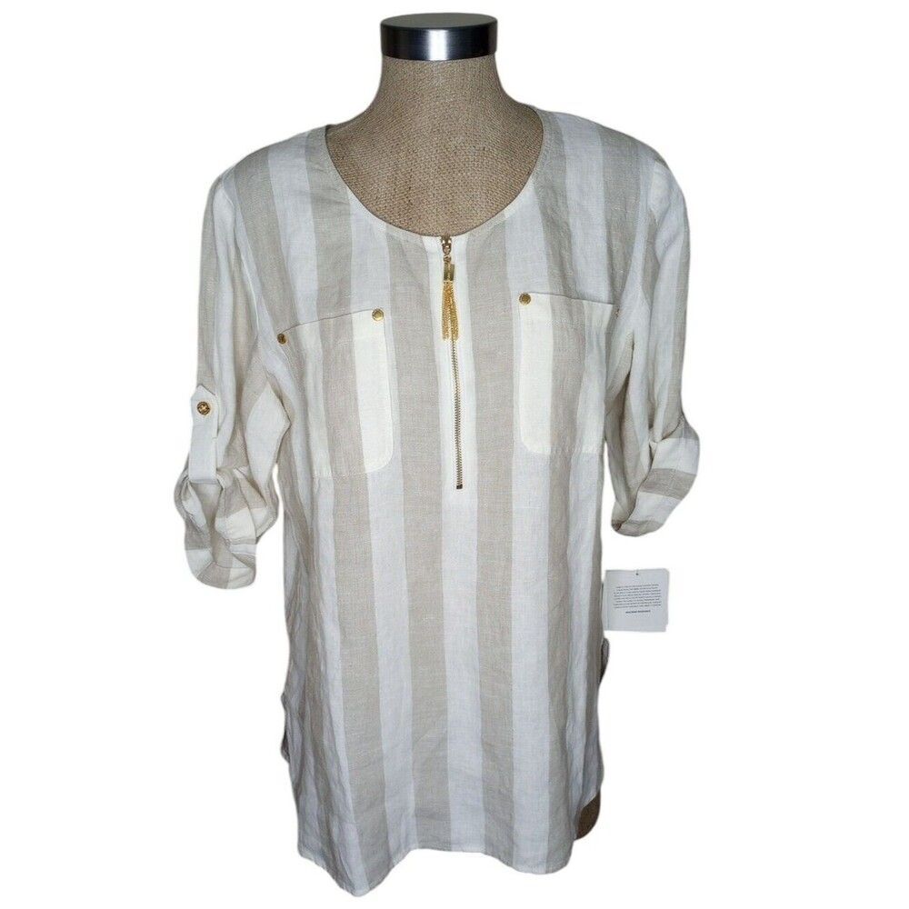 Ellen Tracy Womens M Linen Hi-Low Roll Tab Sleeve Cream Tan Stripe Tunic Boho